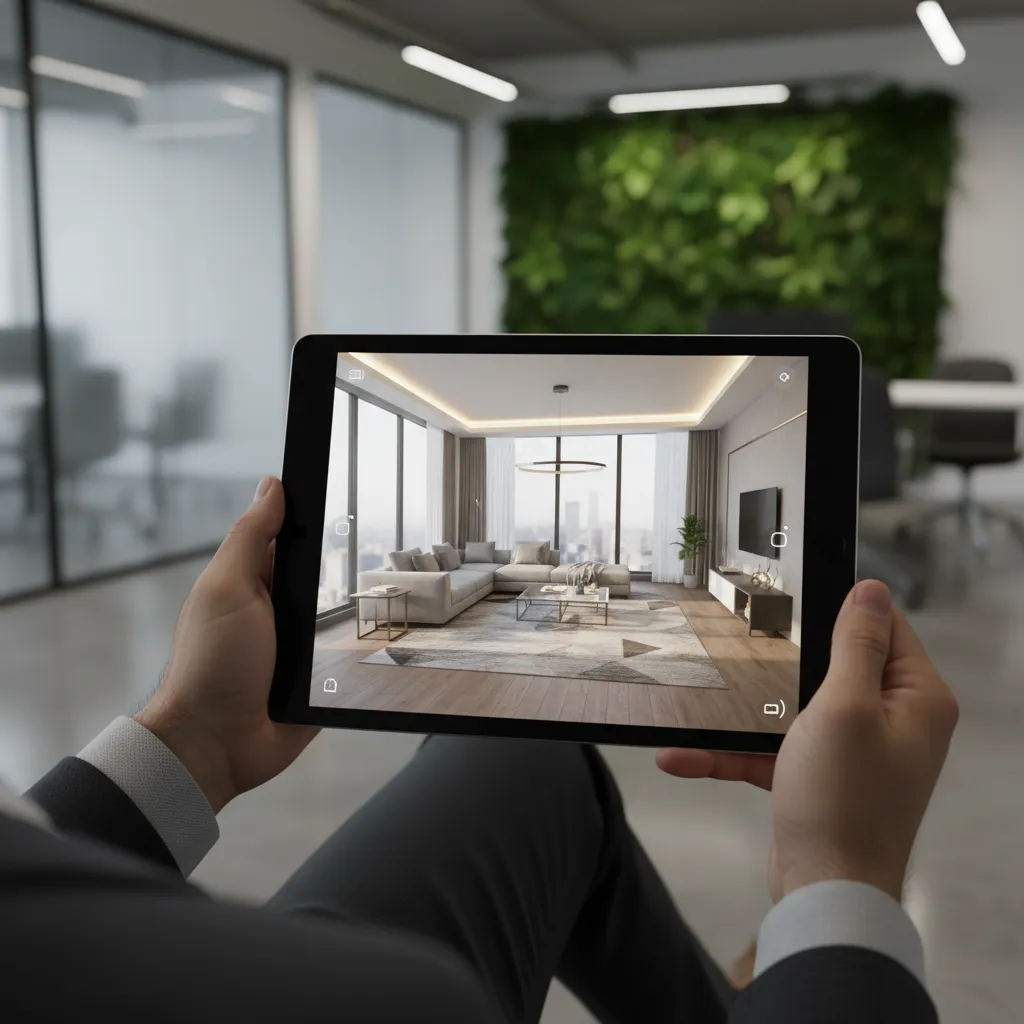 Client exploring a 3D interior model on a tablet viewer app