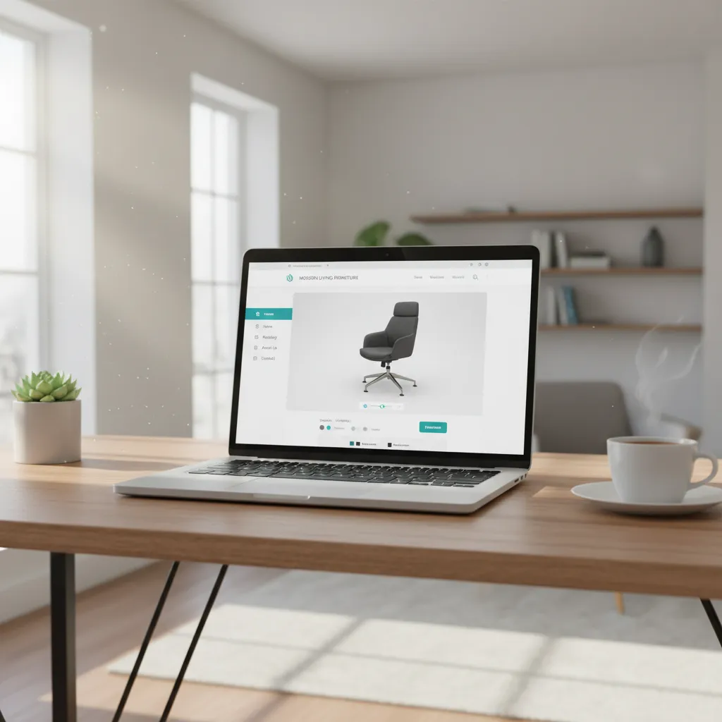 Laptop showing a WordPress page with an interactive rotating 3D furniture model