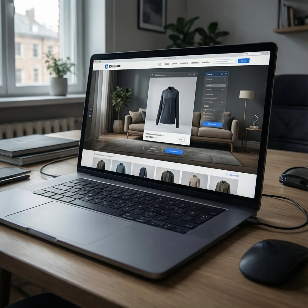 Laptop displaying an interactive 3D product model viewer on a modern website