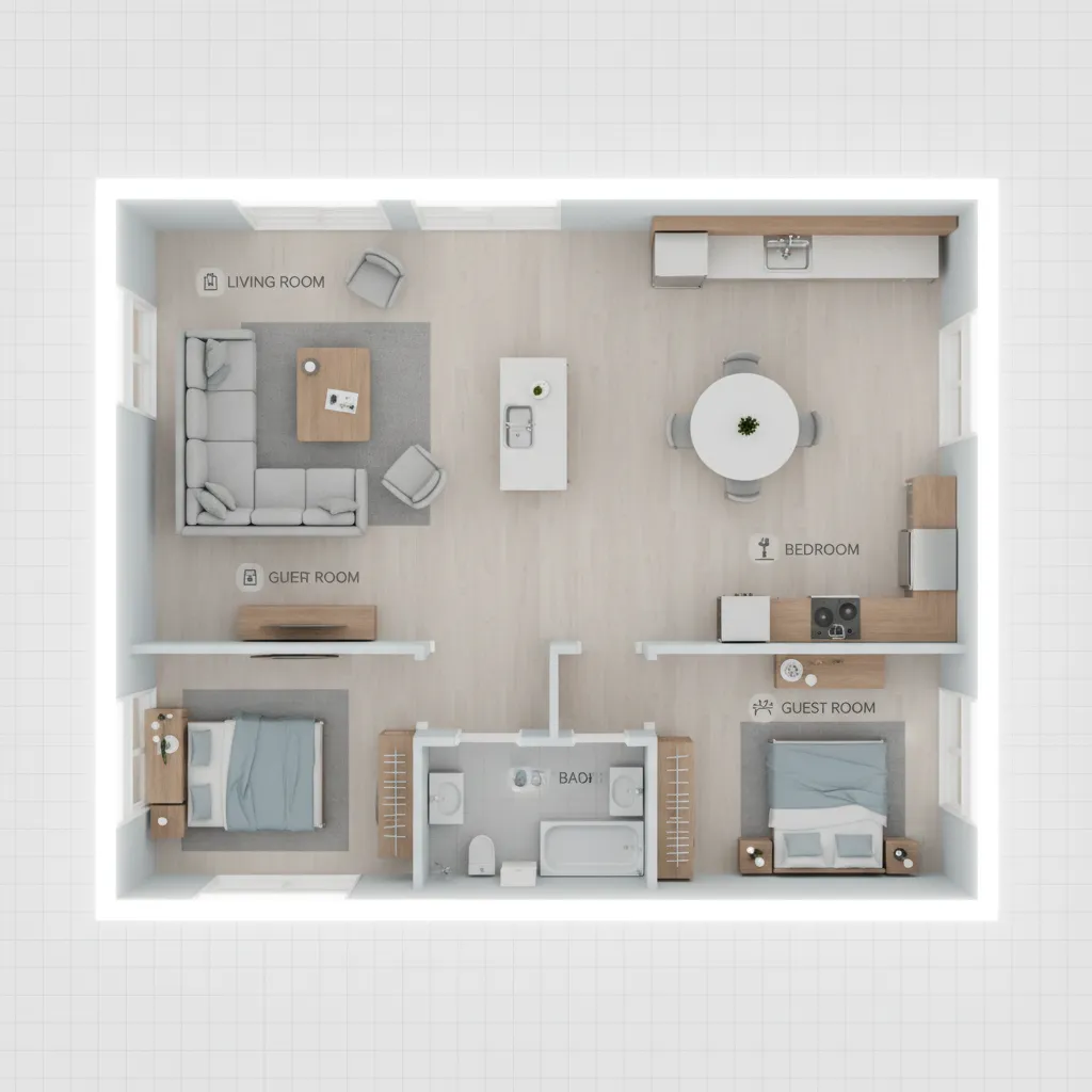 Plano digital interactivo de una vivienda con habitaciones y muebles