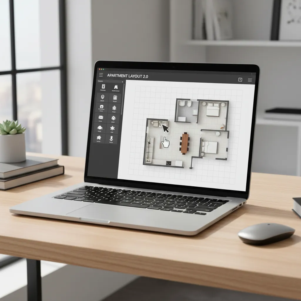 Laptop displaying interactive floor plan creator with drag and drop furniture layout