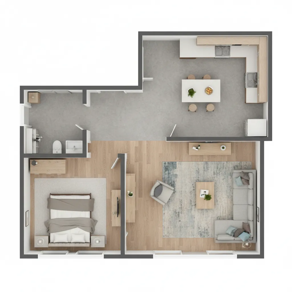 Top down digital apartment floor plan with furniture layout zones