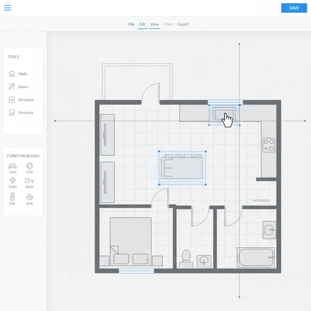 Interactive floor plan layout editor with drag and drop walls and furniture