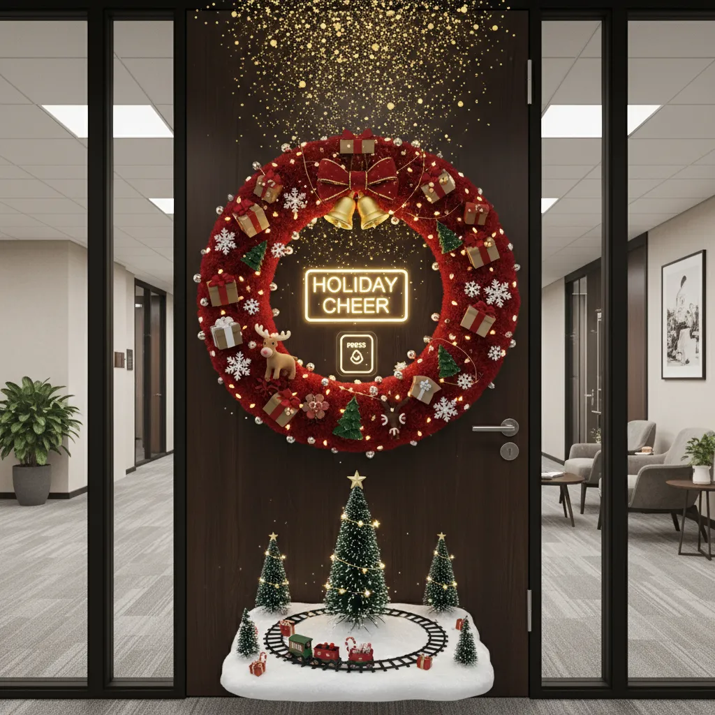 Interactive office door Christmas decoration with small props and festive theme