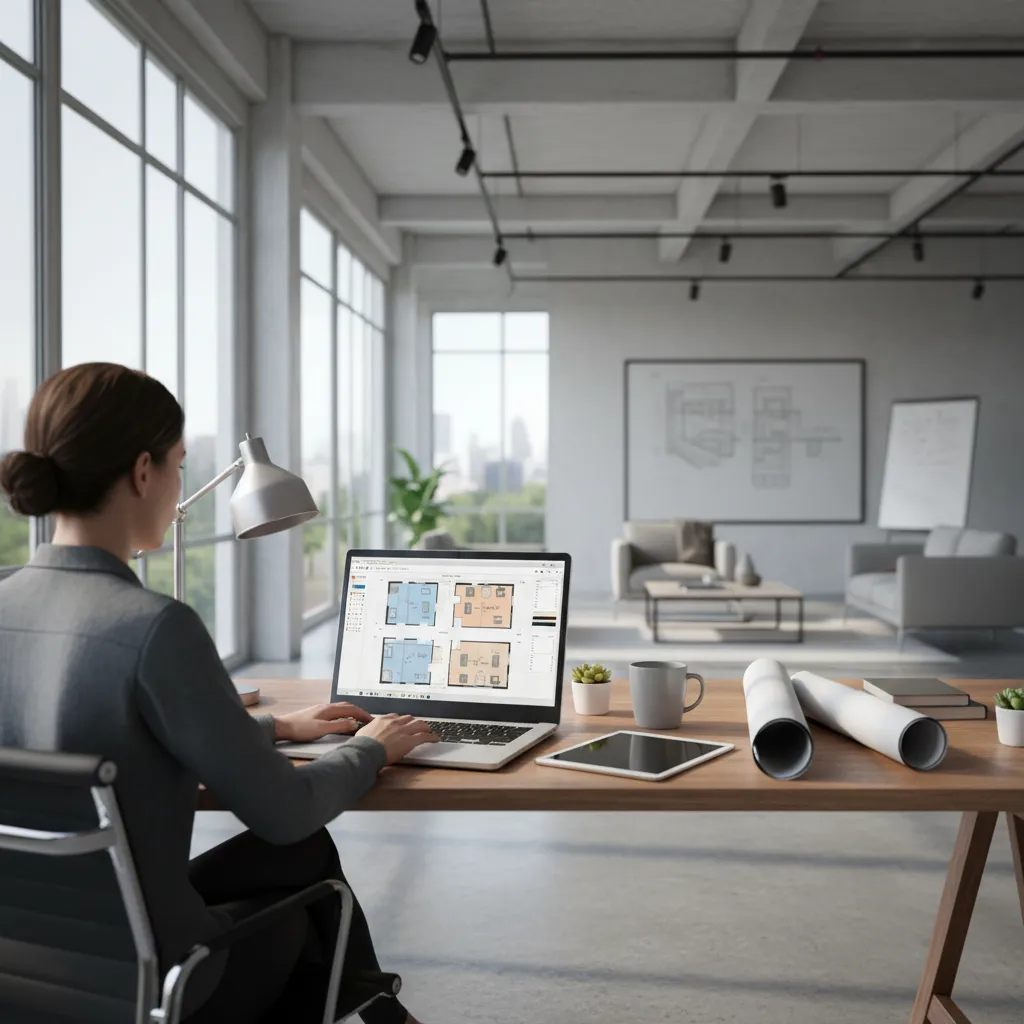 designer reviewing interactive office floor plan on laptop inside modern workspace