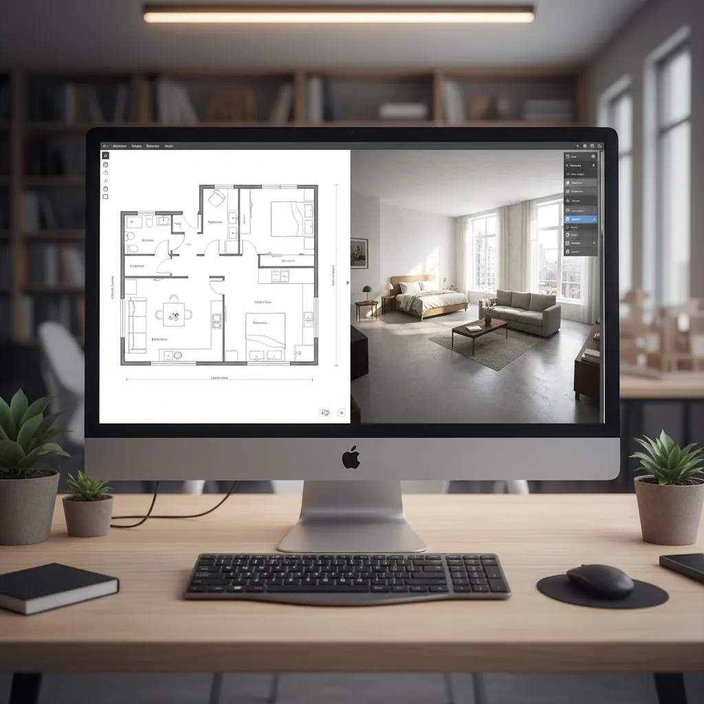 Interfaz de aplicación de diseño de interiores mostrando plano y vista 3D