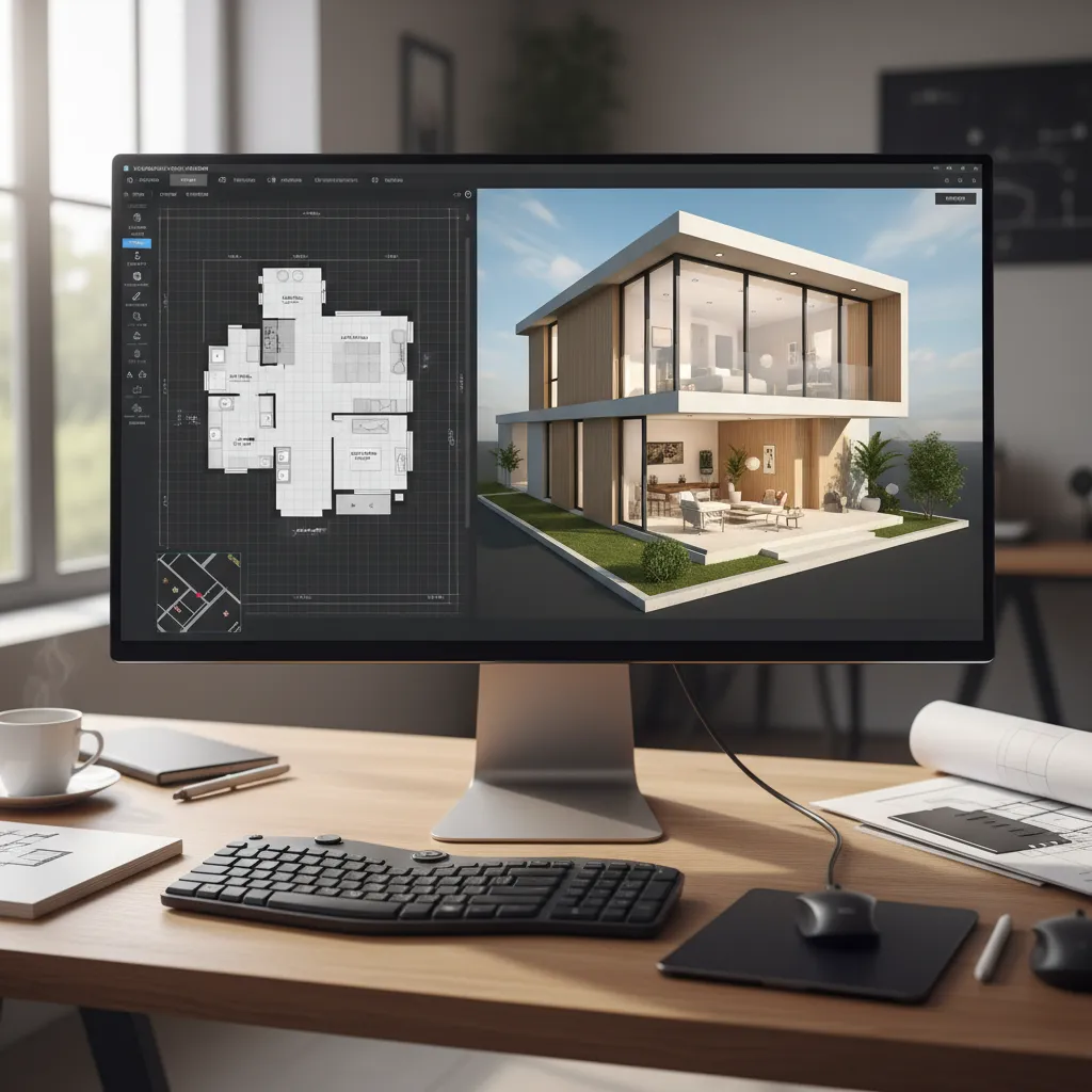 Interfaz de software mostrando plano 2D y vista 3D de una vivienda