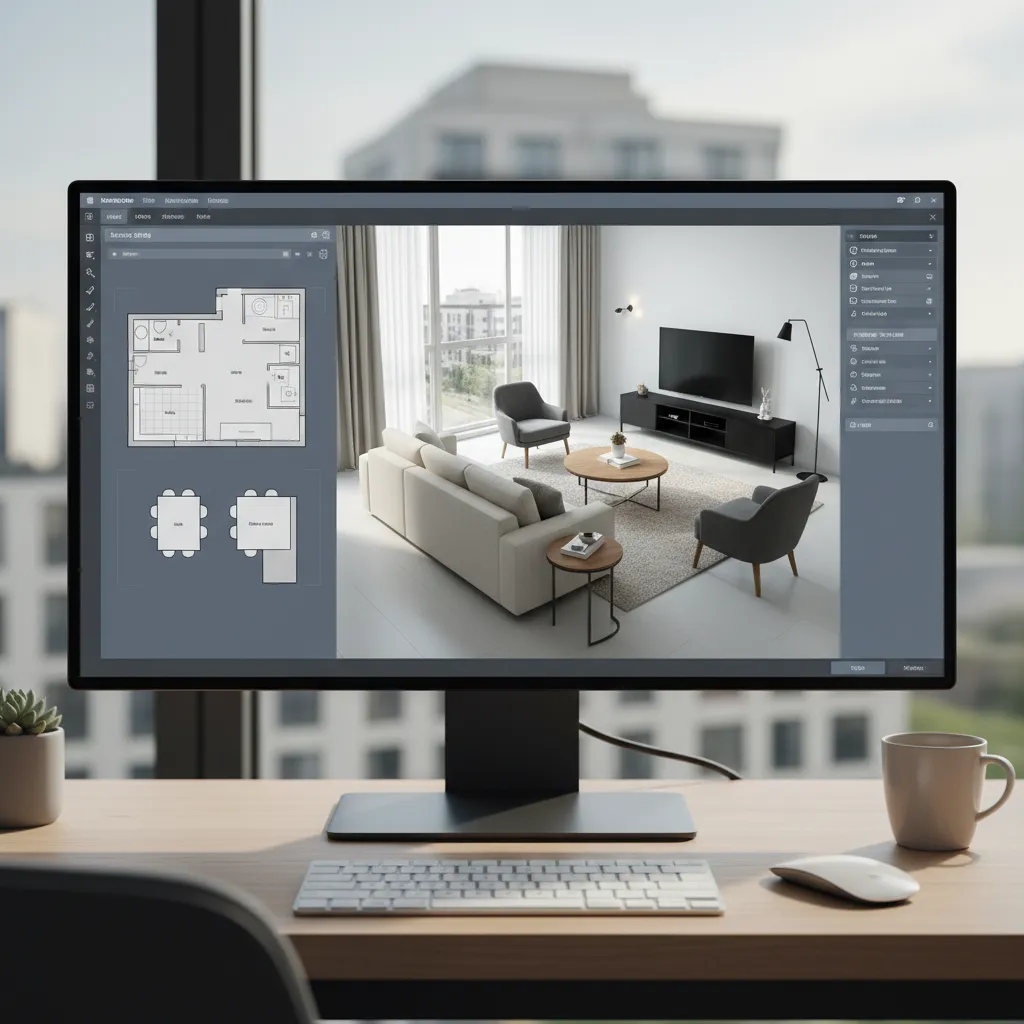 Interfaz de una herramienta online mostrando un plano de salón en 3D