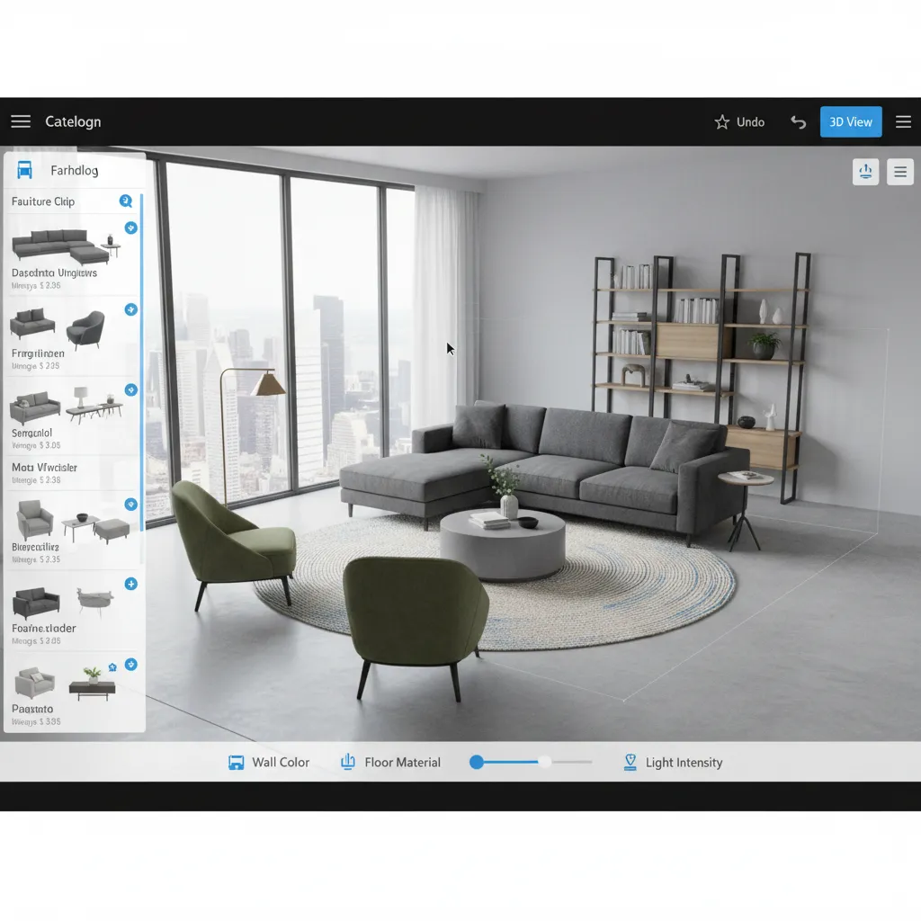 Interfaz de un juego de diseño de interiores mostrando opciones de muebles y decoración