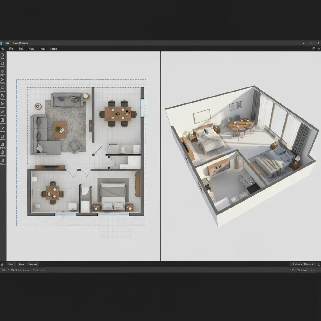 Interfaz de un planificador de habitaciones en 3D con muebles colocados en un plano
