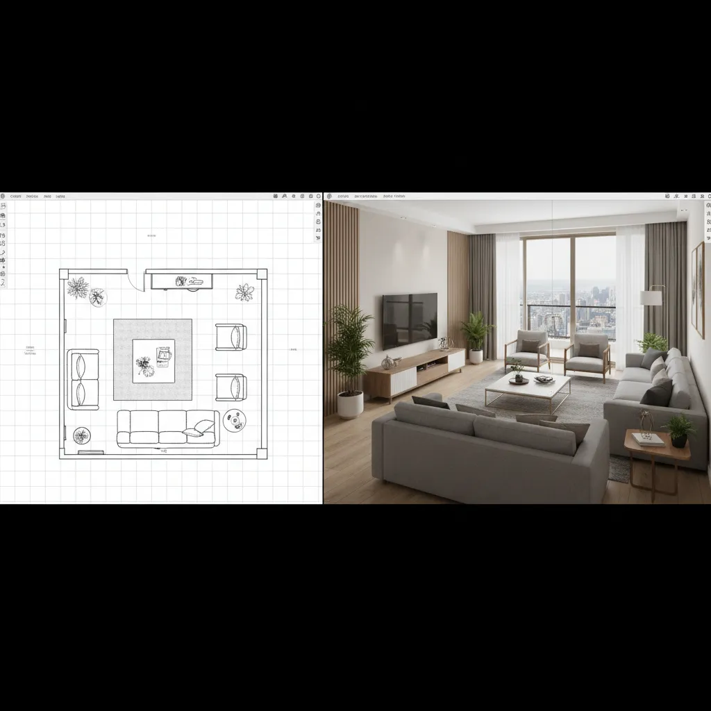 Interfaz de software mostrando diseño de sala en 3D