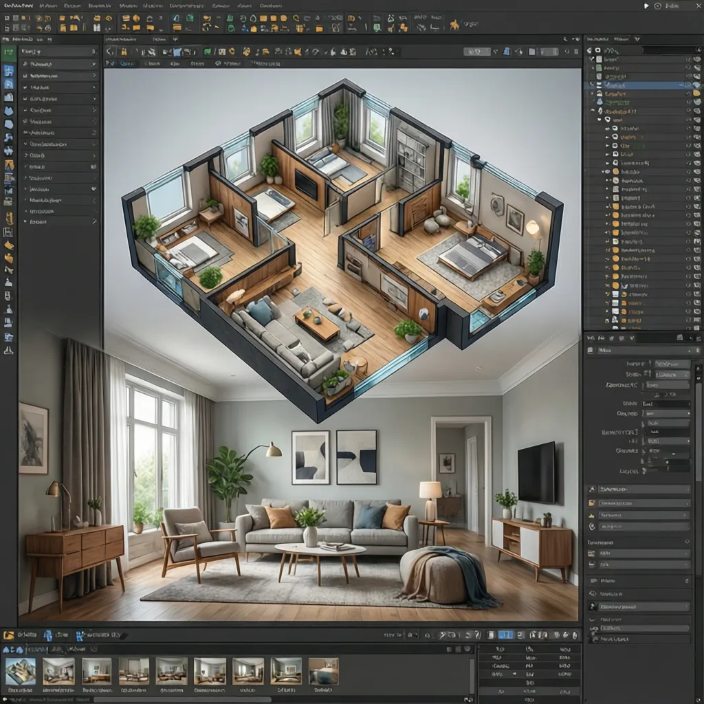 Interfaz de software de diseño interior con plano 2D y vista 3D de un salón