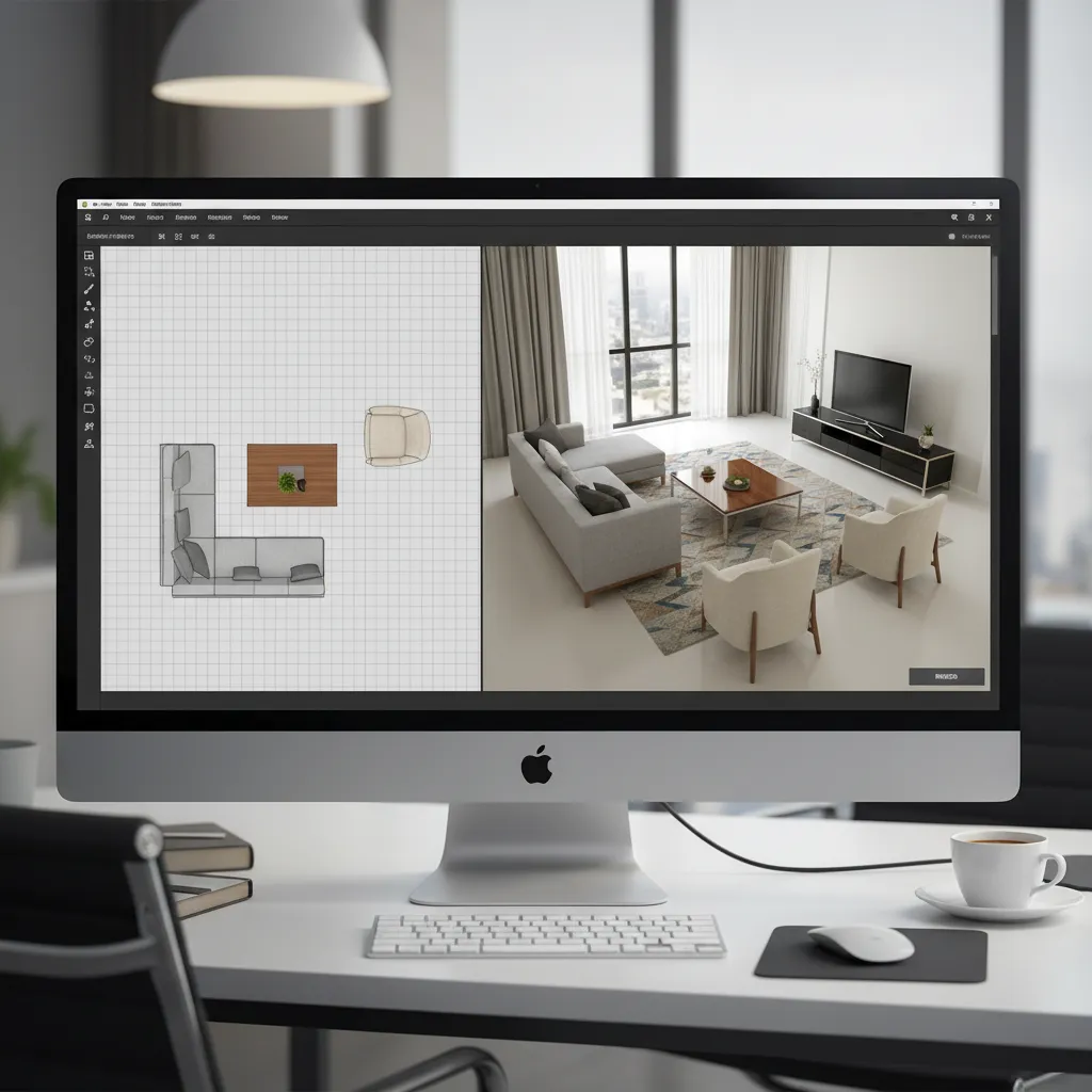 Interfaz de un simulador de diseño de interiores con plano y vista 3D