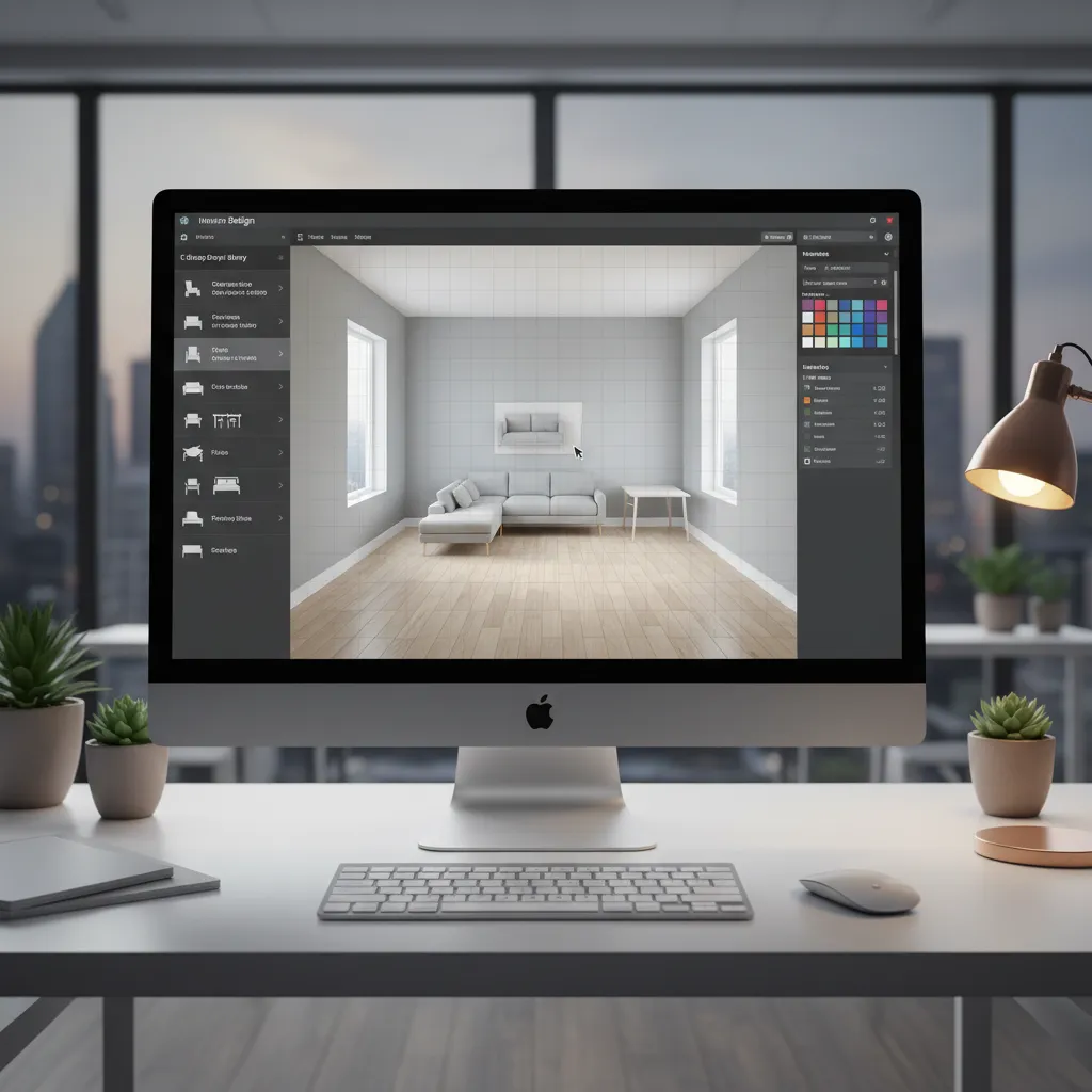 Desktop computer on white desk showing Coohom interior design software with 3D living room model