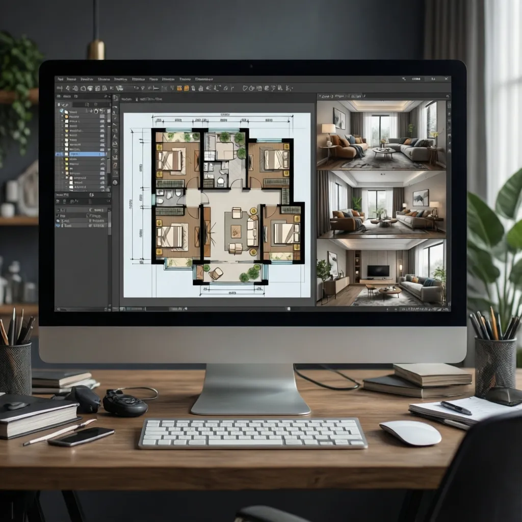 interfaz de programa de diseño interior con plano 2D y vista 3D