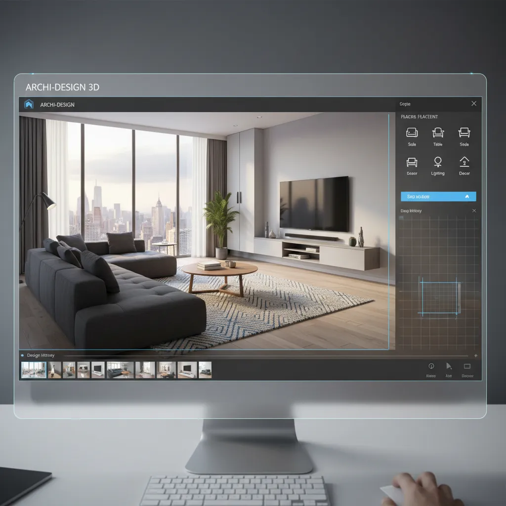 Interfaz de un programa de diseño interior mostrando un salón modelado en 3D