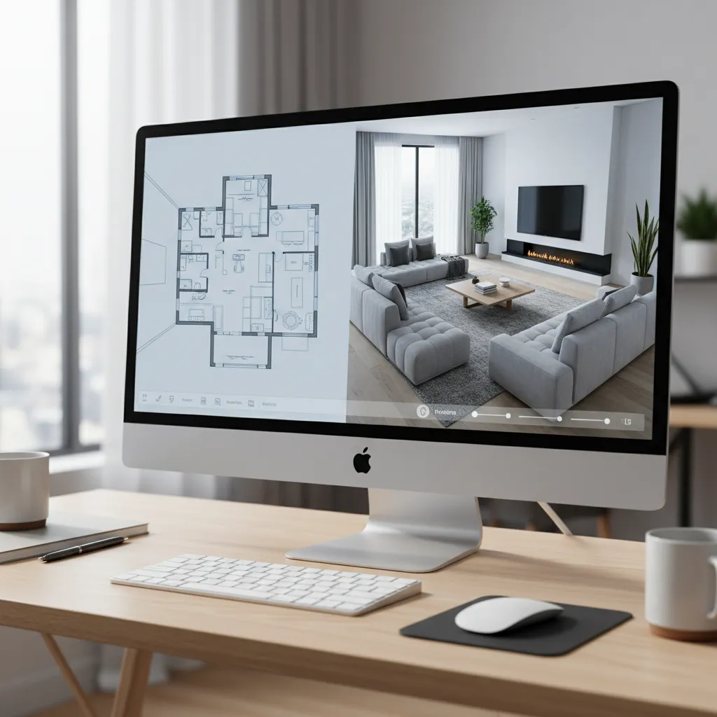 Interfaz de un programa de diseño de interiores con plano y vista 3D