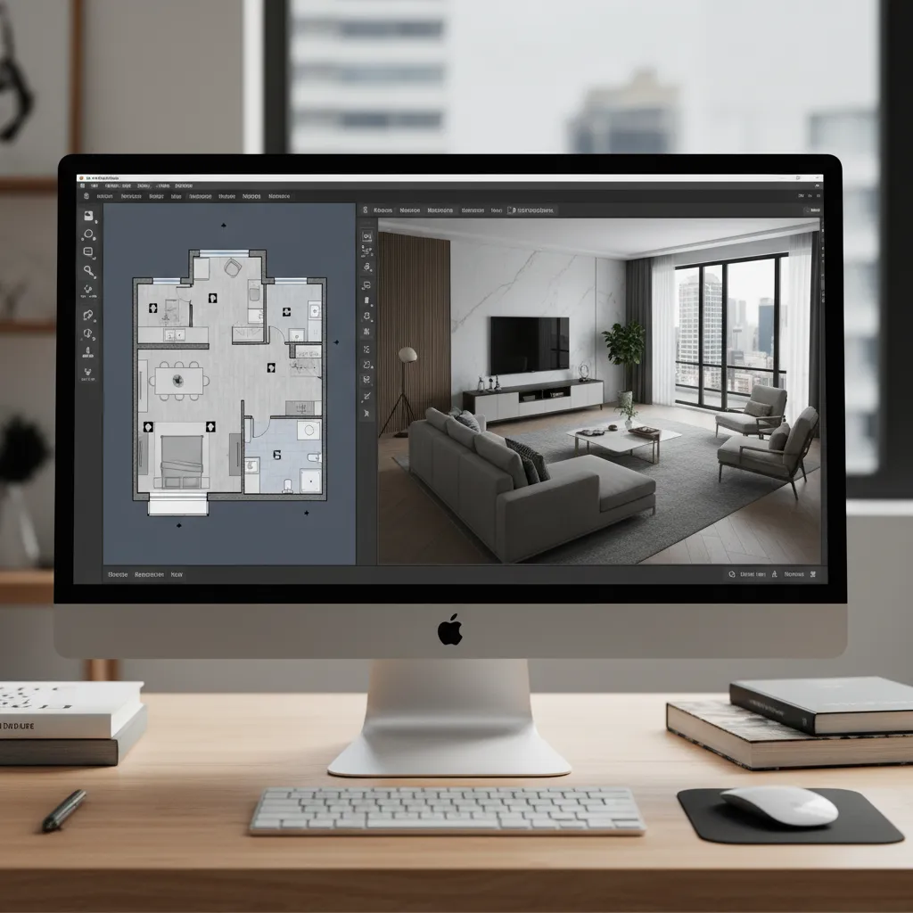 Interfaz de software de diseño interior mostrando plano y vista 3D
