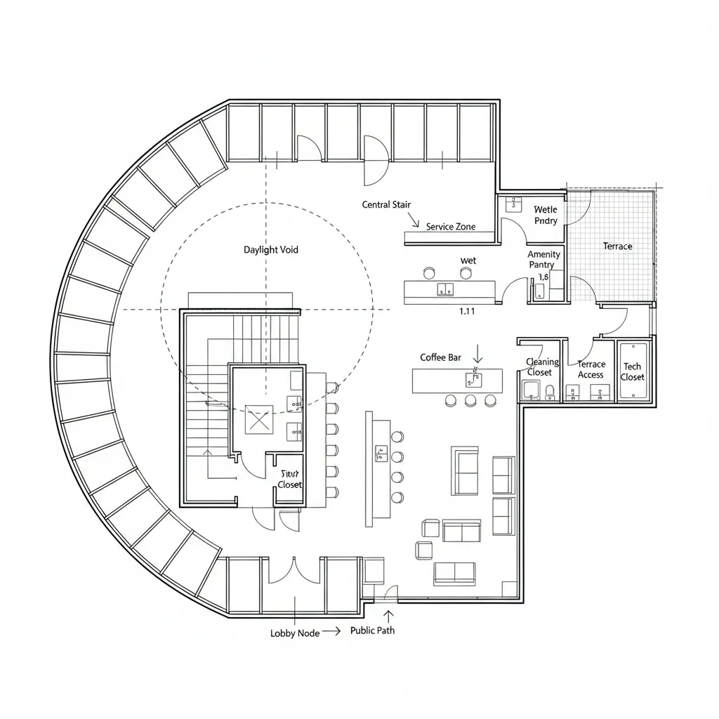 Top-down CAD plan of central stair, coffee bar, lounge, and terrace access