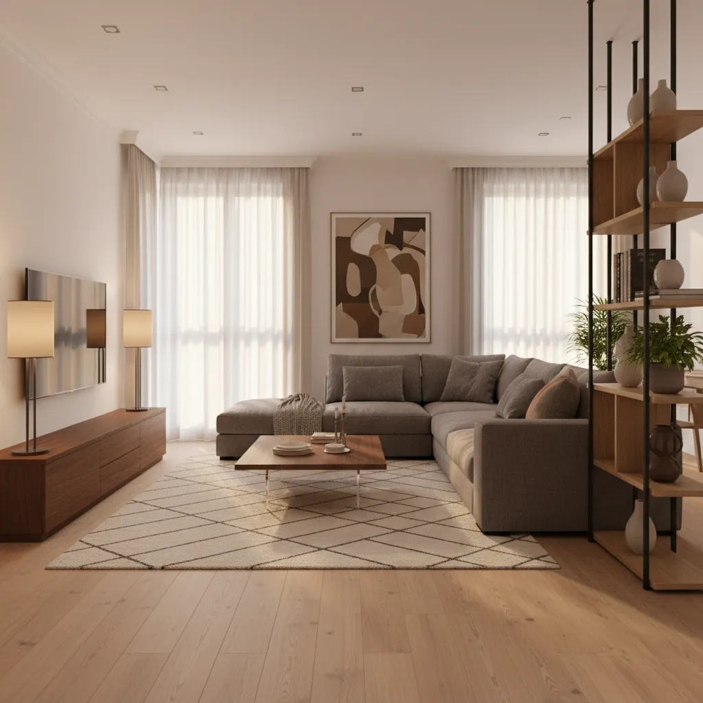 Diseño interior 3D de un salón con sofá mesa y decoración