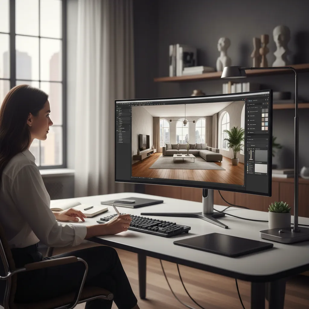 Diseñador utilizando software 3D para planificar un interior