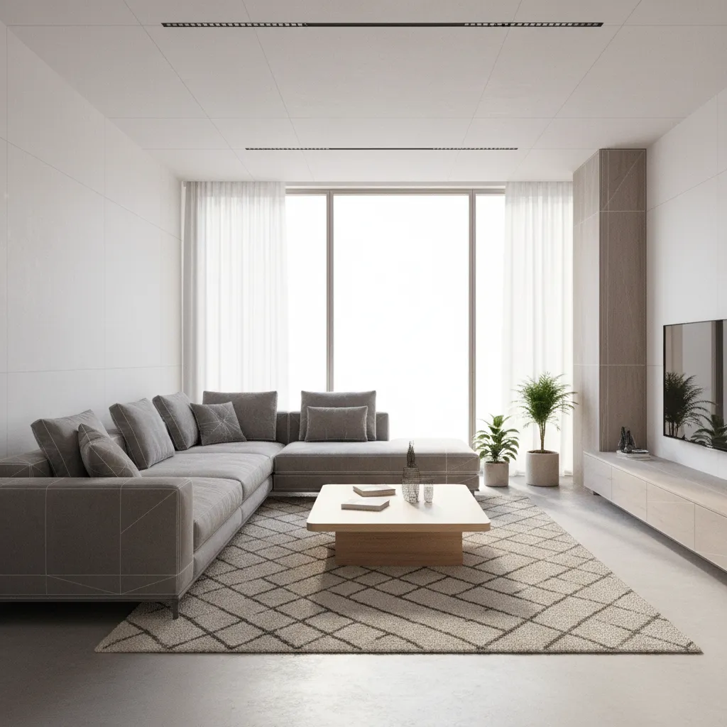 Interior design drawing of living room with grey sofa, wooden coffee table, and patterned rug