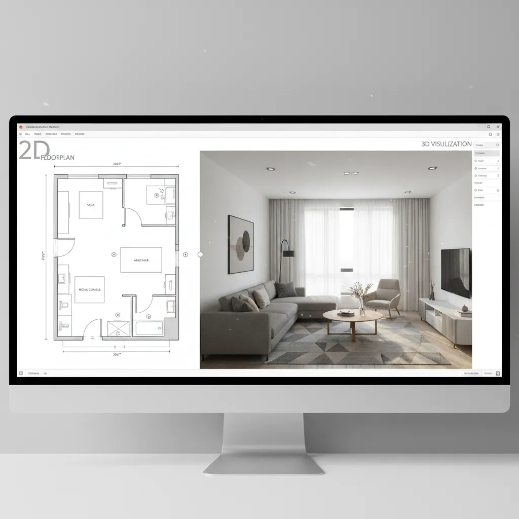 Computer monitor showing 2D floor plan layout beside 3D interior design drawing of living room