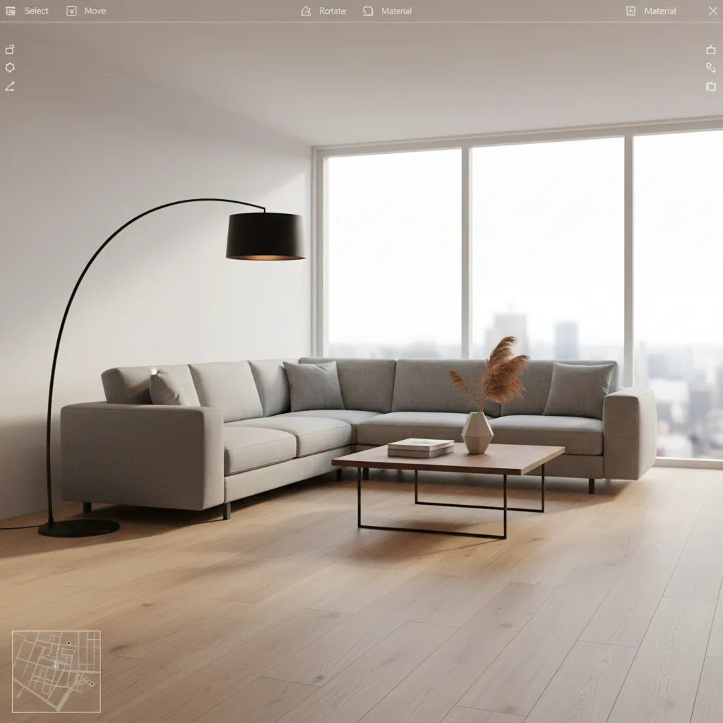 Interior design drawing showing a modern living room with grey sofa floor lamp and windows