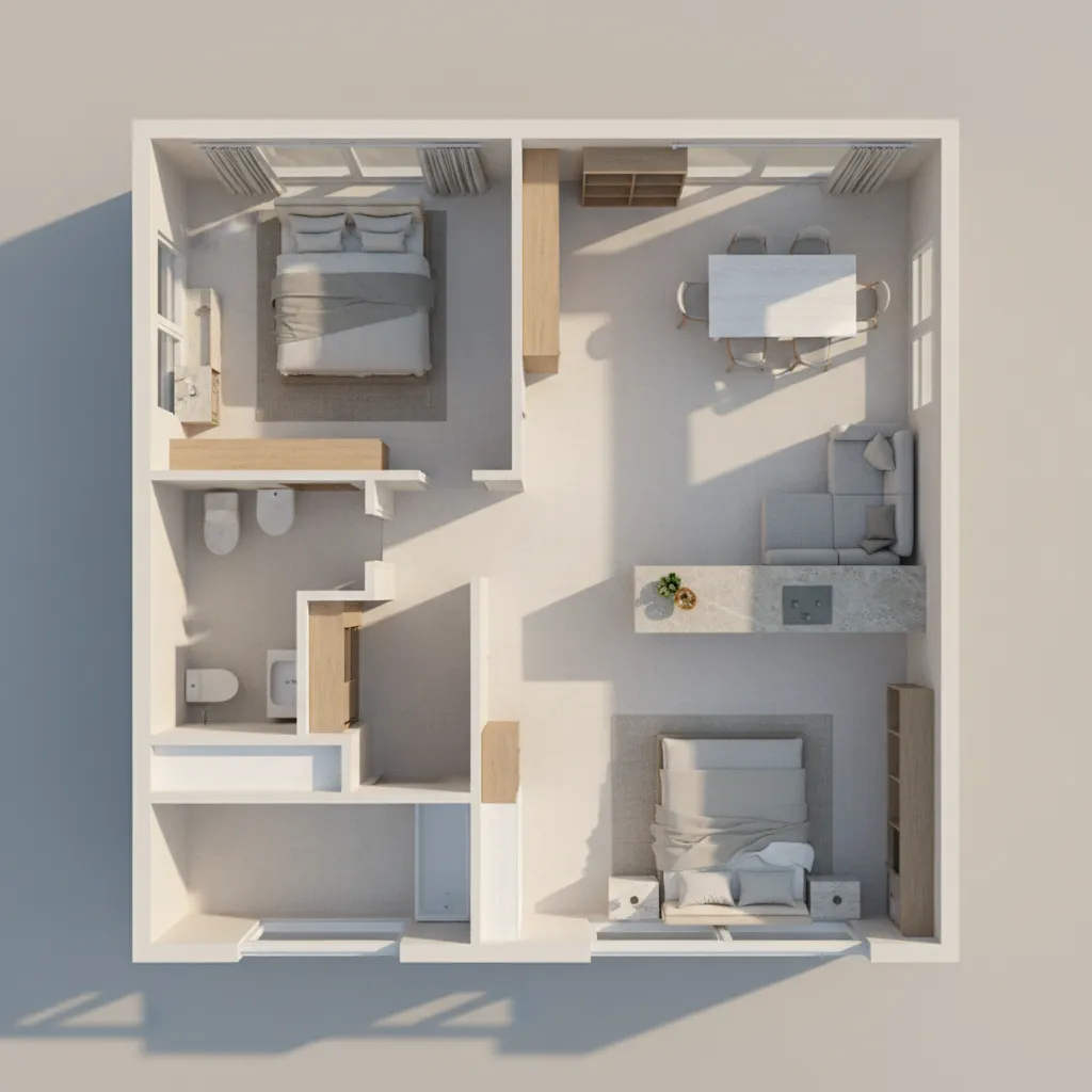 3D interior model showing layout and furniture placement planning