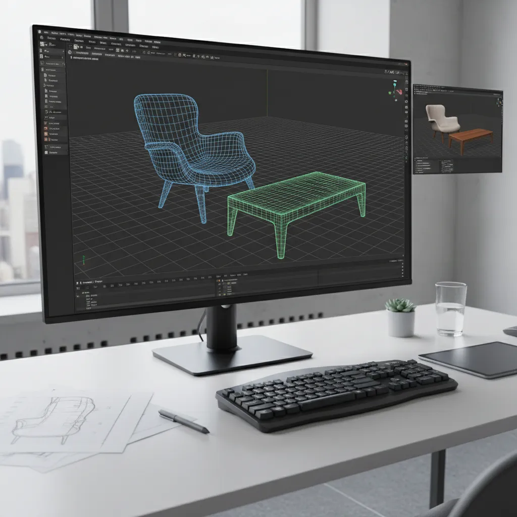 Computer screen showing interior design drawing of a chair and coffee table on white office desk