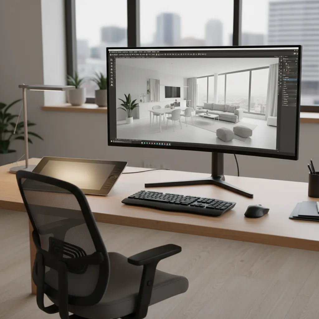 Proceso de modelado 3D de un interior en pantalla de ordenador