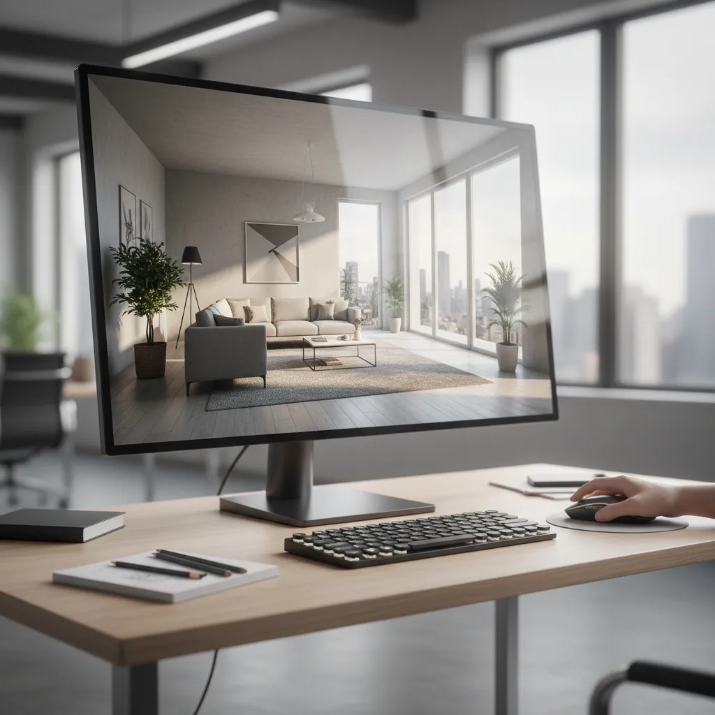 Pantalla con modelo 3D de un apartamento diseñado digitalmente