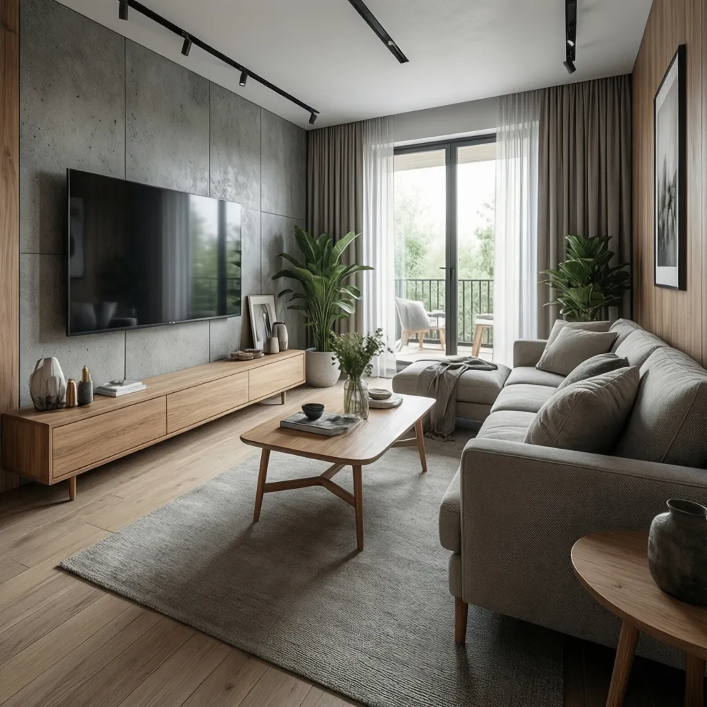 Modern living room with grey sofa wooden coffee table television on wall and balcony view