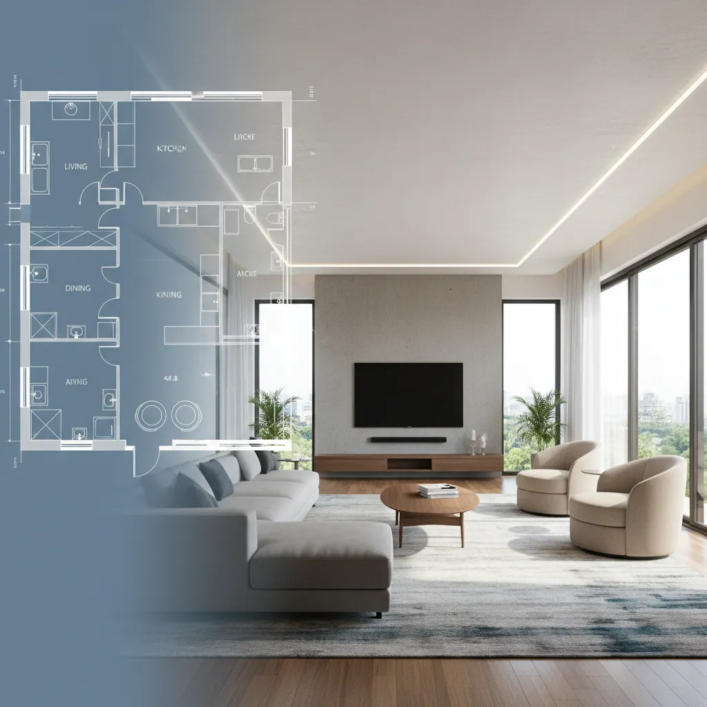 Comparación entre plano de interior y render 3D realista