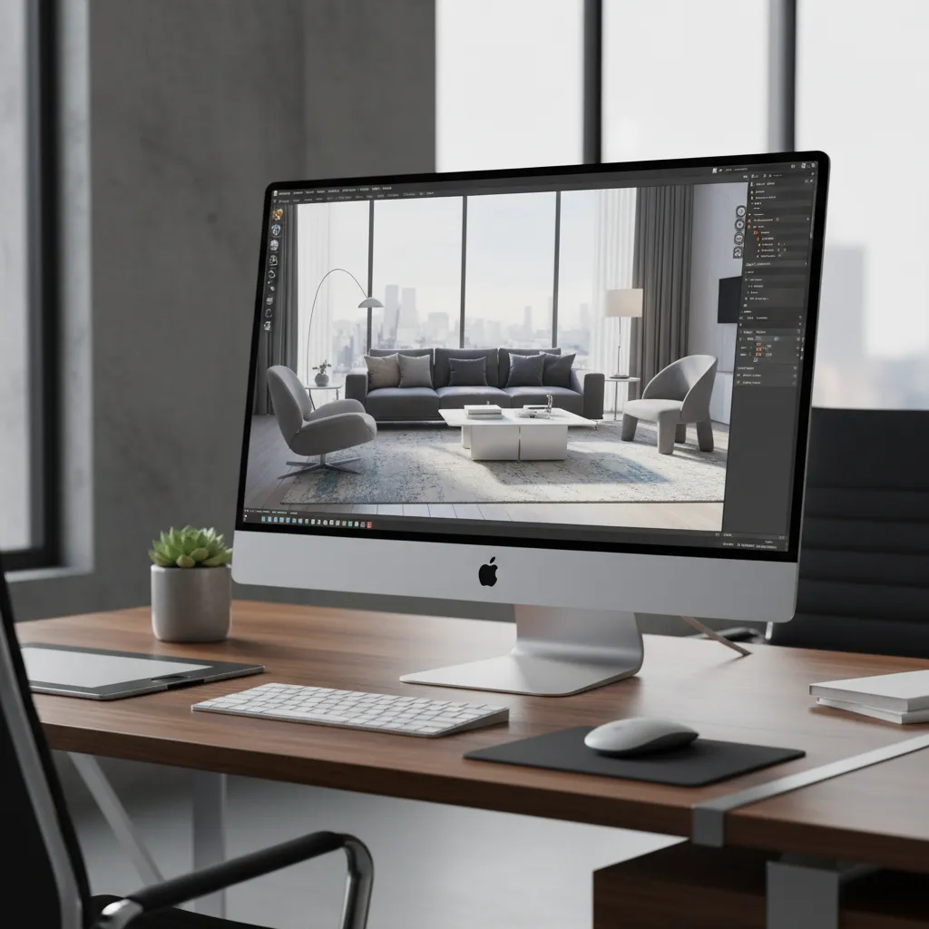 Pantalla mostrando un render 3D de un salón diseñado digitalmente