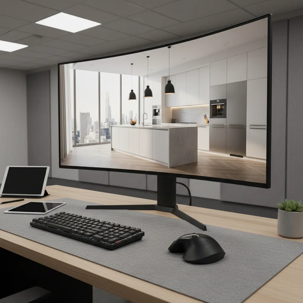 Curved monitor showing modern white kitchen interior design drawing with island and three ceiling lights