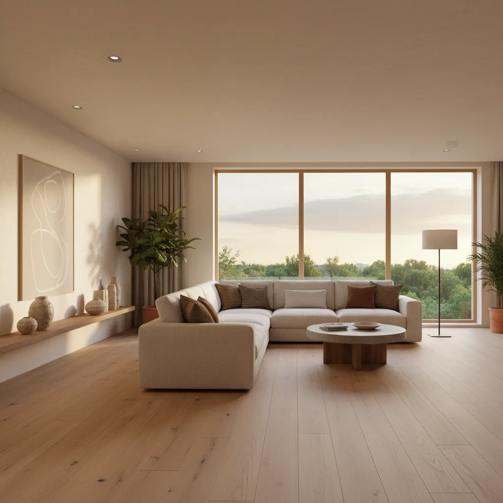 Render 3D realista de sala moderna usado en portafolio de diseño interior
