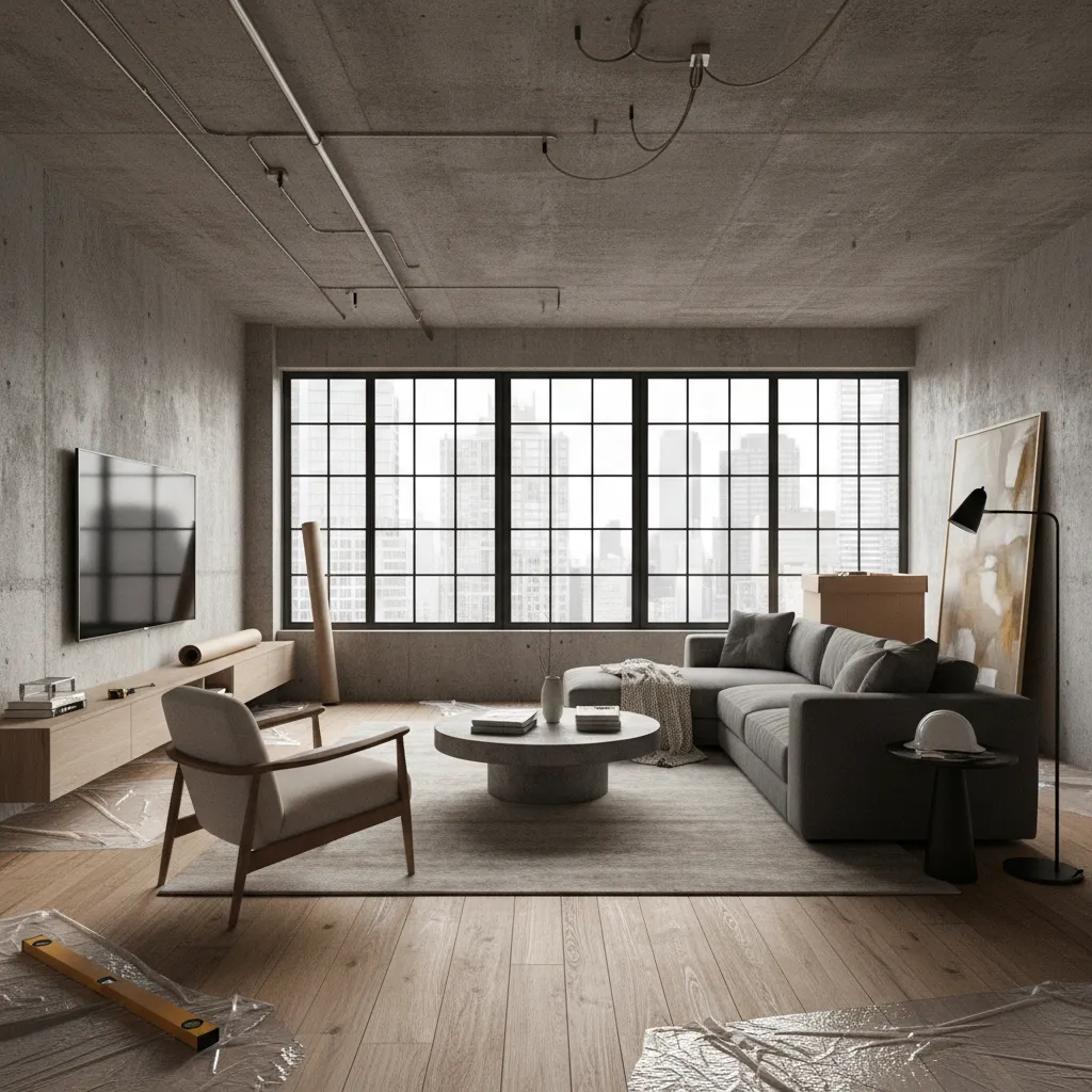 Render 3D de un salón moderno antes de realizar la obra