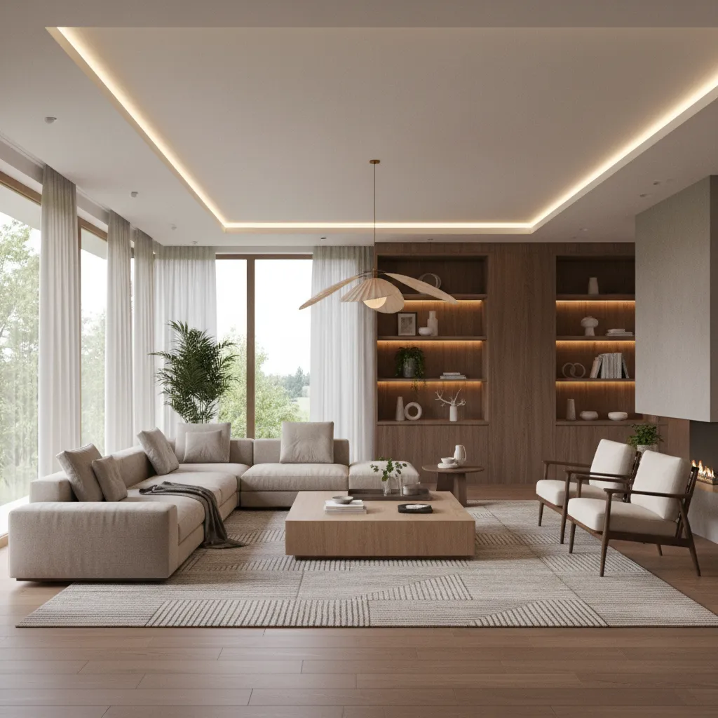 Render 3D realista de un salón moderno antes de la reforma