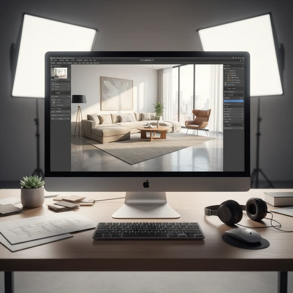 Pantalla de ordenador mostrando render 3D de un salón moderno