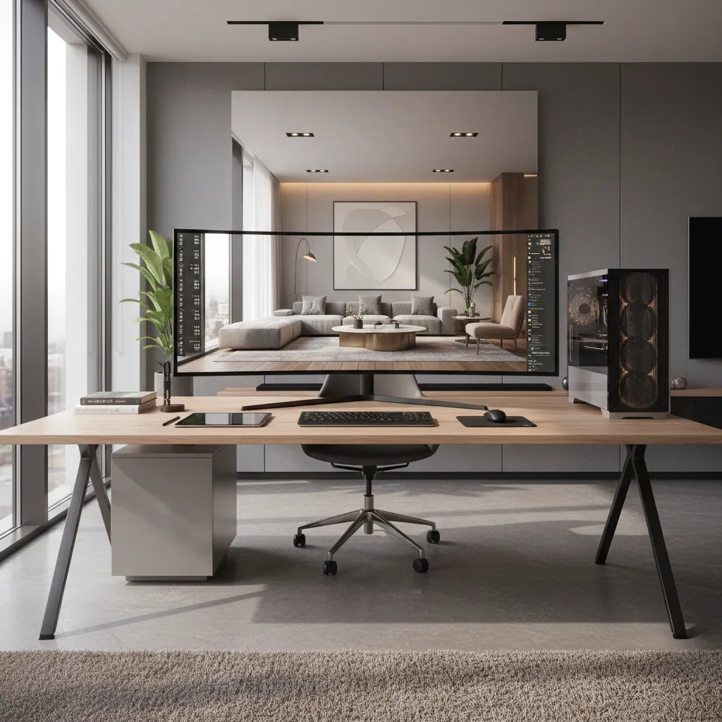 designer viewing realistic 3D rendering of a living room on a computer screen