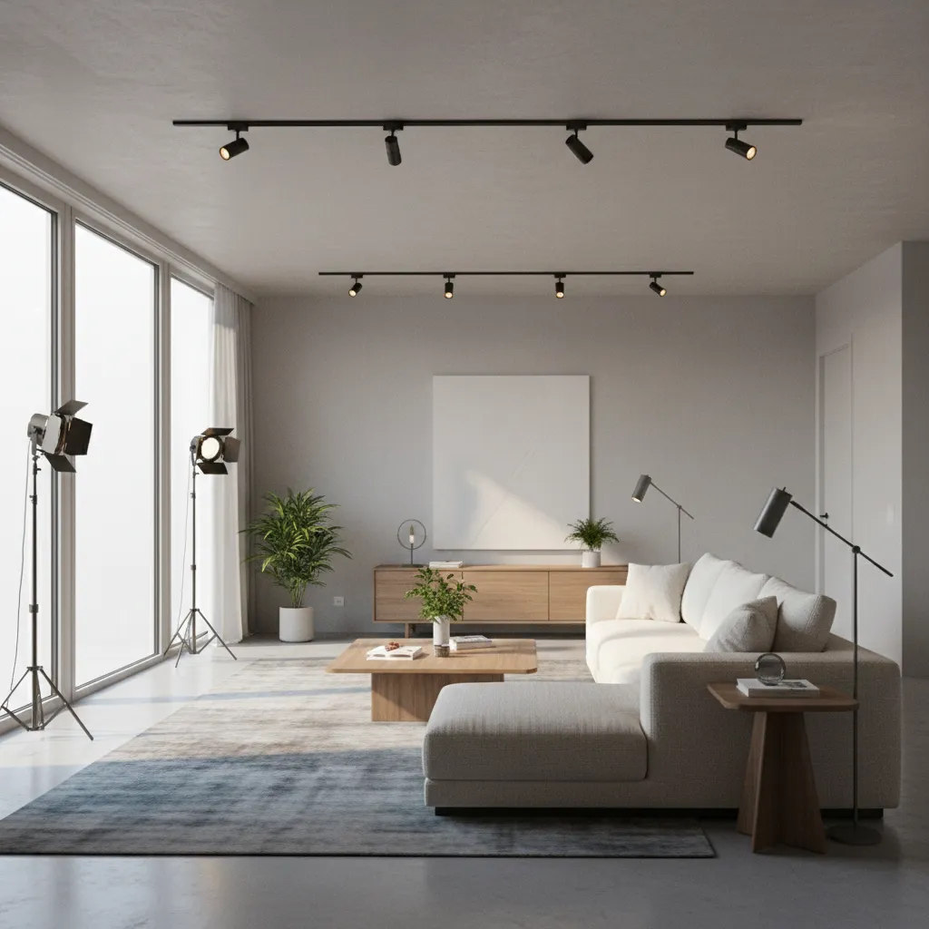 Bright living room layout showing track lights on ceiling and studio light fixtures on stands