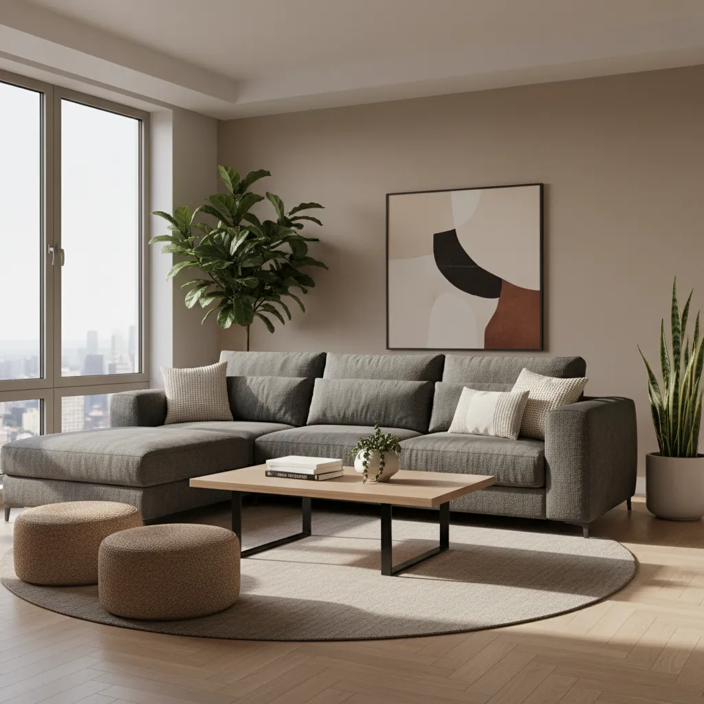 3D rendered living room interior visualization showing furniture and lighting layout