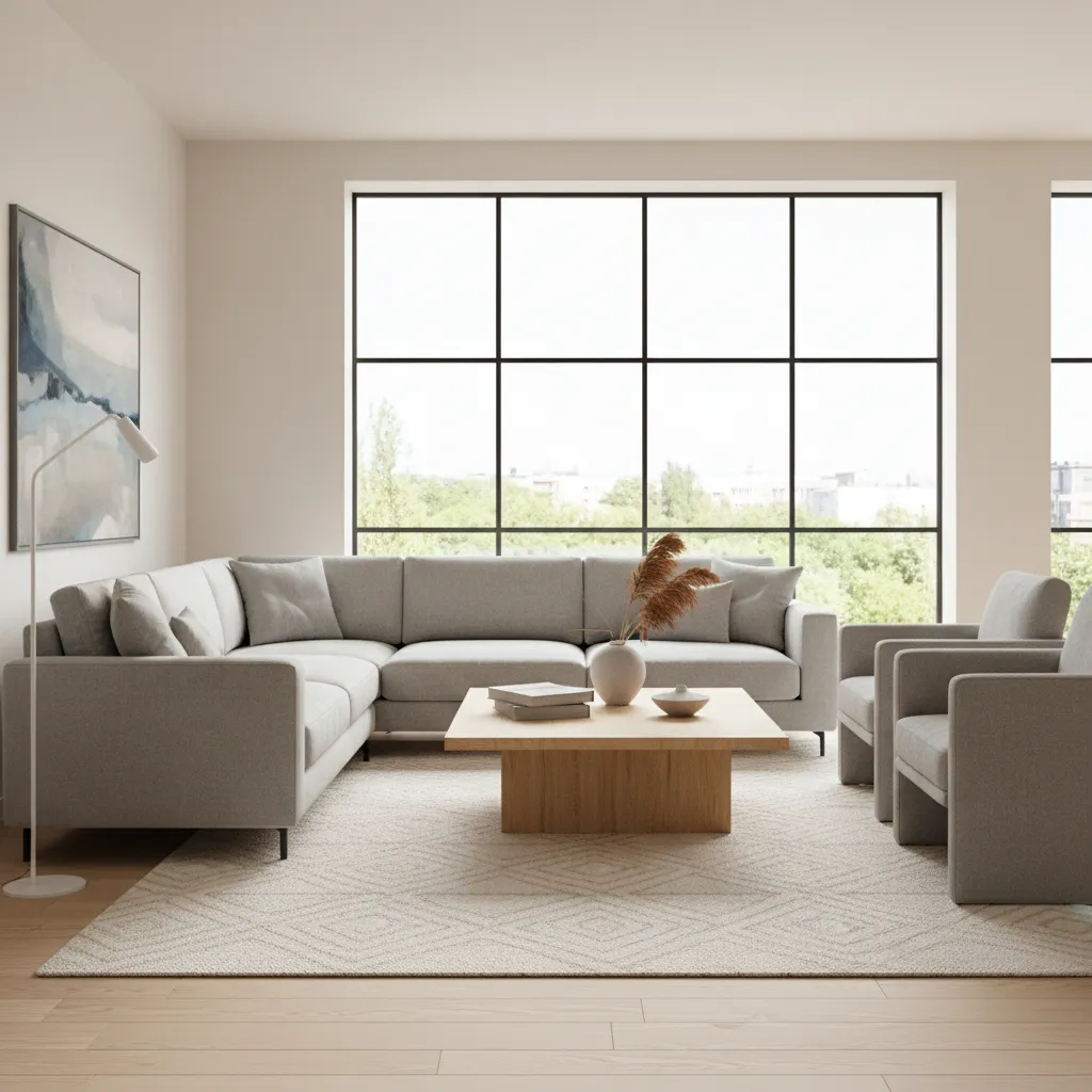 modern living room interior 3D render with sofa coffee table and natural window light