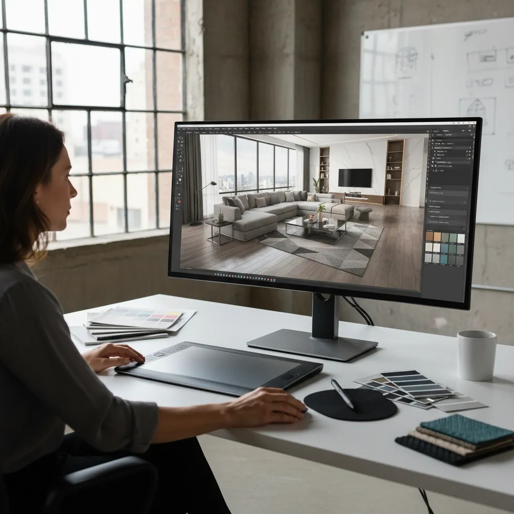 designer working on 3D interior visualization software
