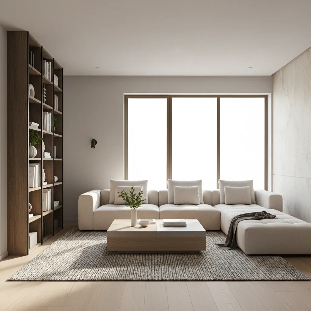 3D rendered modern apartment living room showing realistic furniture and lighting