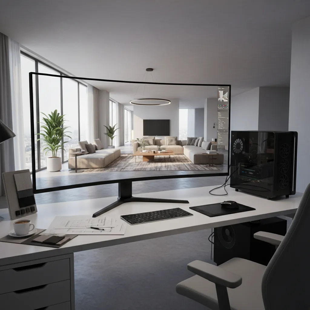 Interior 3D rendering scene showing furniture models and lighting setup