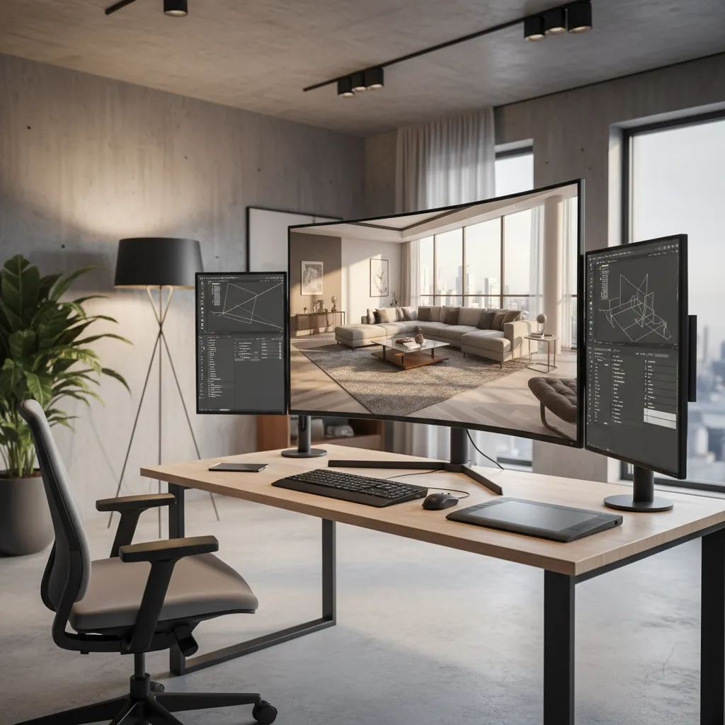 Ordenador mostrando render 3D de un salón moderno