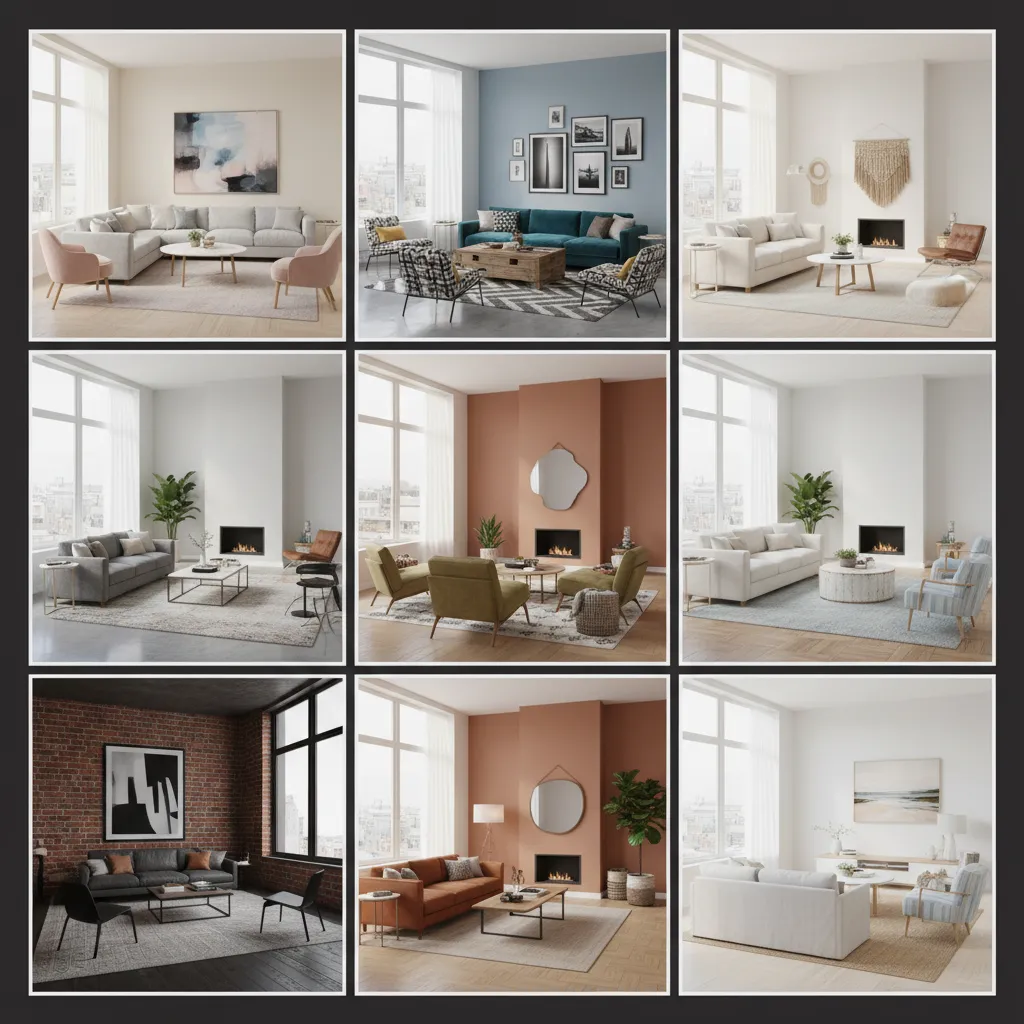 Grid display showing nine different living room interior design variations with various furniture and themes