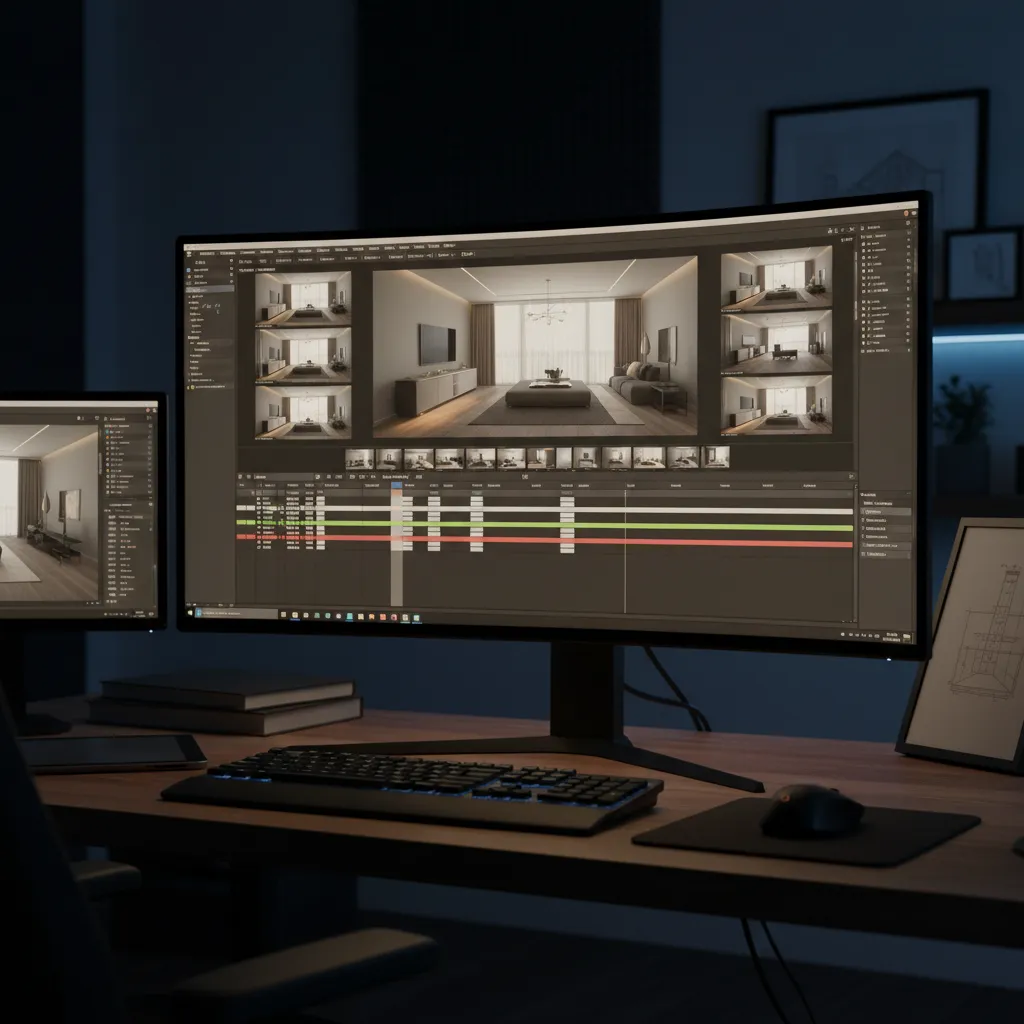 3D animation timeline and interior render frames for architectural walkthrough